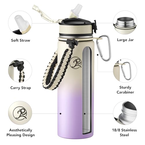 GOSWAG 24oz Insulated Stainless Steel Travel Water Bottle, 2 Lids | with straw and no straw, Paracord handle, Double-wall vacuum keeps drinks cold or hot, Leakproof tumbler - color: Beige-Purple Ombré