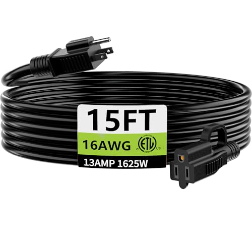 HUANCHAIN Indoor Outdoor Black Extension Cord 15 ft Waterproof, 16/3 Gauge Flexible Cold-Resistant Appliance Extension Cord Outside, 13A 1625W 16AWG SJTW, 3 Prong Electric Cable, ETL - color: Black with Hook, size: 15FT, style: 16/3 Extension Cord