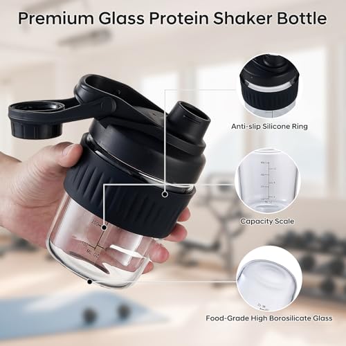 12oz Glass Shaker Bottle for Protein, 2 Pack Small Borosilicate Glass Protein Powder Leak-Proof Shaker Cup Mixes with 304 Blending Ball(12oz,Black) - color: 2 Pack-Black, size: 12oz