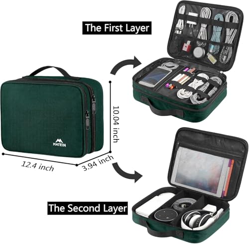MATEIN Tech Organizer Travel Case, Large Water Resistant Cable Organizer for Electronic Accessories, Sturdy Carrying Tech Bag With Handle for Cord, Power Bank, Tablet (Up to 12.9inch), Peacock Blue - color: Dark Green, size: Large