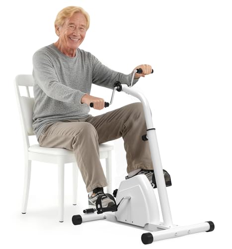 HOMGIM 2-in-1 Pedal Exerciser for Arms & Legs – Adjustable Resistance Sit-Down Bike for Seniors, Stroke Recovery & Physical Therapy – Portable Under Desk Knee Peddler for Home Rehab（White）
