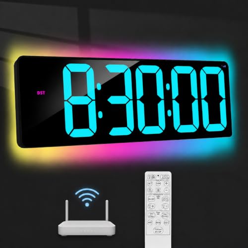 TXL 17.2" WiFi Digital Wall Clock with Seconds, Large Countdown Timer for Classroom Home Gym Office, Alarm Clock with Remote Control, RGB Ambient Lights, 4 Dimmable Brightness, Auto DST(Ice Blue) - color: Ice Blue
