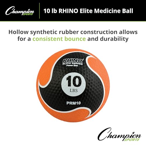 Champion Sports Rhino Elite Medicine Ball – Textured Surface, Superior Grip, Hollow Synthetic Rubber for Consistent Bounce & Durability, Multiple Weights & Colors - Optional Rebounder Sold Separately - style: 10 Pounds - Orange