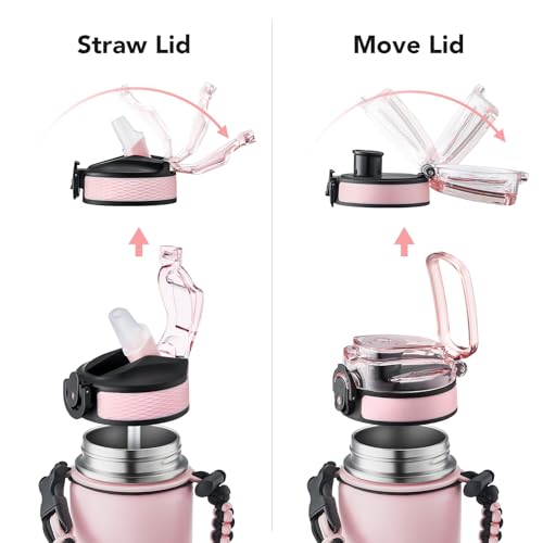 GOSWAG 24oz Insulated Stainless Steel Travel Water Bottle, 2 Lids | with straw and no straw, Paracord handle, Double-wall vacuum keeps drinks cold or hot, Leakproof tumbler - color: Pink-White Ombré