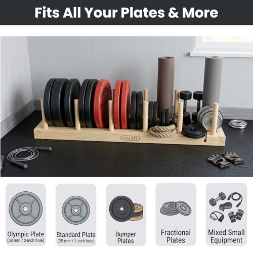 MAUMI Weight Rack for Home Gym - Storage Bumper Plate Rack Holder from Wood | Weight Plate Rack, Weight Plate Holder, Weight Plate Storage, Horizontal Plate Rack, Olympic Plate Rack, 1 2 Inch
