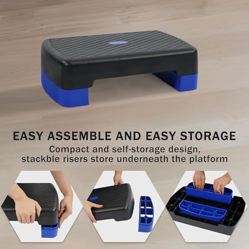 Fitvids Aerobic Step Platform Trainer with Adjustable 2-Level Risers, 400 Pound Weight Capacity – Non-Slip Exercise Stepper for Cardio, Strength, and Fitness Workouts, 18-Inch, Multiple Colors - color: Black and Blue