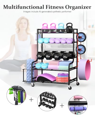 Mythinglogic Home Gym Storage Rack with Wheels for Dumbbells and Yoga Mats | Versatile storage with shelves, hooks and side holders for kettlebells, foam rollers, bands, weight plates and gym gear - color: New Black