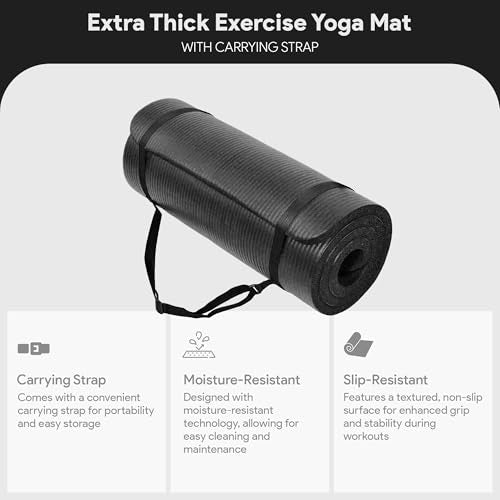BalanceFrom Yoga Mat, 1-Inch Extra Thick High Density Exercise Mat, Anti-Tear Exercise Yoga Mat with Carrying Strap, Suitable for Various Yoga Exercises, Multiple Colors - color: Black