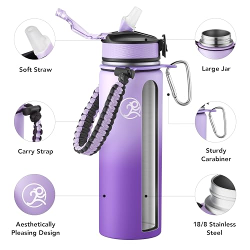GOSWAG 24oz Insulated Stainless Steel Travel Water Bottle, 2 Lids | with straw and no straw, Paracord handle, Double-wall vacuum keeps drinks cold or hot, Leakproof tumbler - color: Pink-Purple Ombré