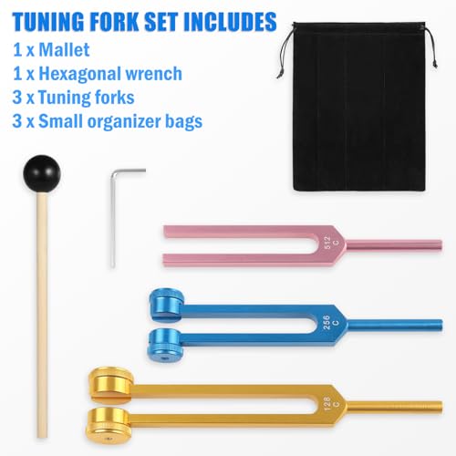 Tuning Fork Set (128Hz, 256Hz, 512Hz) of 3, Weighted & Unweighted Aluminum Forks with Reflex Hammer and Storage Bag for Chakra/Healing/Sound Therapy Instruments/Yoga/Meditation Accessories(Color) - color: 128Hz, 256Hz, 512Hz - Multicolor