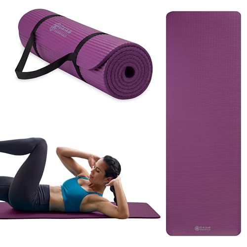 Gaiam Thick Yoga Mat, Exercise & Fitness Mat with Easy-Cinch Carrying Strap | Non-Slip NBR Foam | Joint Cushioning | Yoga, Pilates, Fitness & Floor Workouts | 72"L x 24"W - color: Purple