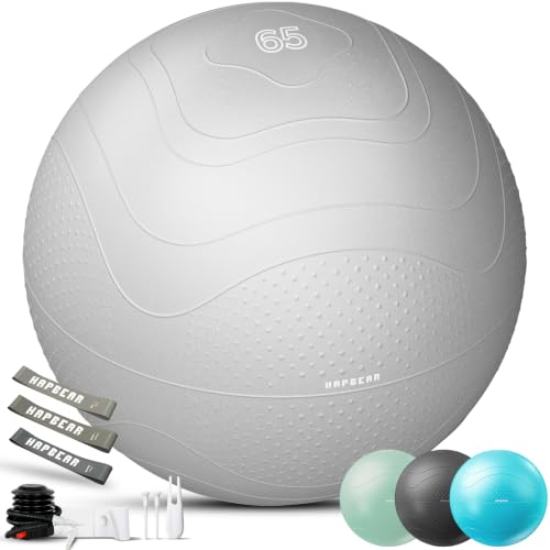 HAPBEAR Exercise Ball- Anti-Burst Slip-Resistant Yoga/Pilates Ball for Core Training & Posture Improvement, Home Gym/Rehab/Pregnancy Ball, Quick Pump & 3 Resistance Bands Included - color: Grey, size: L (23-26IN / 58-65cm)