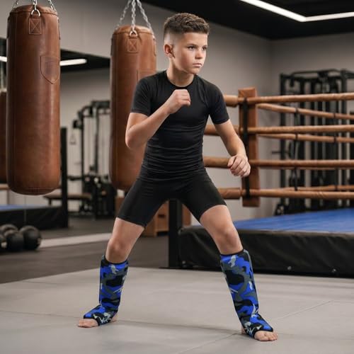Be Smart Kids, Adults, Youth, Men and Women Muay Thai MMA Kickboxing Shin Guards, Instep Guard Training, Sparring Protective Gear Equipment Shin Kick Pads - color: Blue Camo, size: XXXS ( 3 to 8 Years )