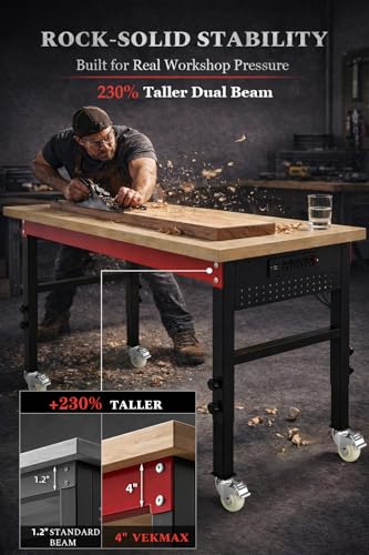 70" Heavy Duty Workbench, 2500 LBS Load Capacity Work Bench with 1.2" Laminated Oak Wood Top & Reinforced Steel Frame, Adjustable Height Work Table for Garage, Workshop, Office, Home (Casters) - size: 70"丨Casters