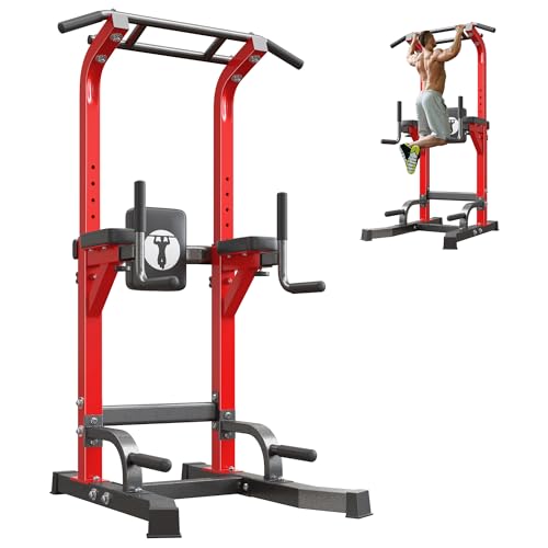 SogesPower Multi-Function Power Tower Pull Up Bar Station Pull Up Dip Station for Home Gym, 10-Level Adjustable Height Pull Up Bar Stand Dip Bar Strength Training Workout Equipment - color: Red