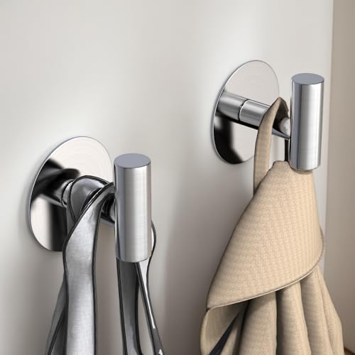 Heavy Duty Self-Adhesive Coat Hooks, Stainless Steel Towel Hooks for Bags, Towels, Robes, Hats, Aprons – No Drill Bathroom, Kitchen, Hotel Wall Hooks (2 Pack, Silver) - color: Silvery, size: Adhesive "T" Shape- 2 Pack