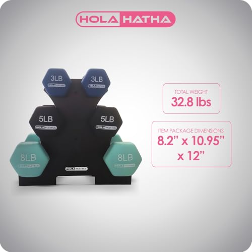 HolaHatha 1, 2 and 3 lb Neoprene Dumbbell Strength Training Weight Set with Rack - color: Blues, size: 32 LB