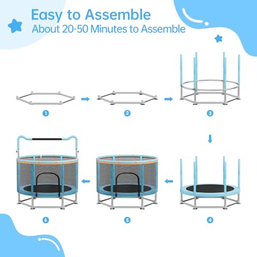 Full Wrap-Around Double Ring Legs 440lbsToddler Trampoline with Net,Trampoline for Kids - color: Blue, size: 55''