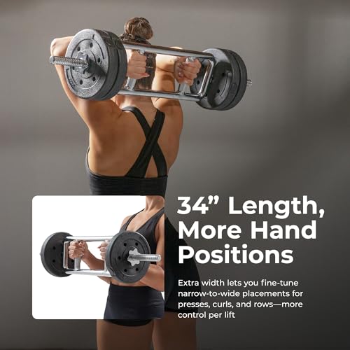 Sunny Health & Fitness 34" Standard Tricep Bar – 1" Plate Compatible, 25 mm Knurled Grip, Chrome Finish, Star-Lock Collars, 160 lb Capacity
