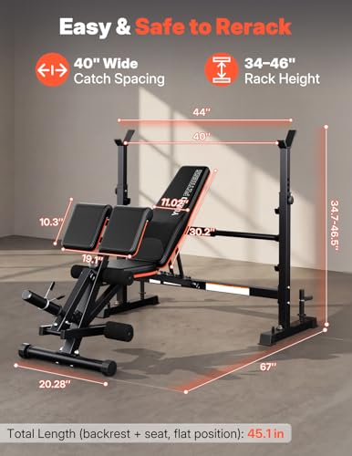 YOLEO Weight Bench with Rack - Bench Press Set, Leg Extension, Preacher Curl & Flat/Incline/Decline Full Body Workout Bench, Adjustable Olympic Weight Benches for Home Gym(47.44IN WIDE GRIP)