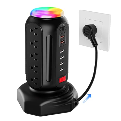 Multiple Outlets Power Strip Tower with Colorful Nightlight, 15 AC Outlets and 6 Fasting USB Ports, 6.5ft Extension Cord, 900J Surge Protector with Outlet Overload Protection for Home, Office (Black) - color: Black -PD 20W