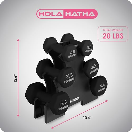 HolaHatha 1, 2 and 3 lb Neoprene Dumbbell Strength Training Weight Set with Rack - color: Black, size: 20 LB