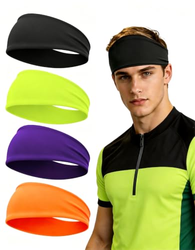 Headbands for Men & Women, Sweat Headband Non-Slip Sweatband Sports Running Cycling Yoga Basketball Workout Football Training - color: Black,Neon Yellow,Neon Orange,Purple