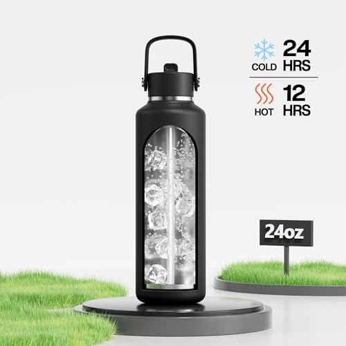 POWCAN 24 oz Slim Insulated Water Bottle with Straw: Leakproof, Keep Cold 24H, Cupholder Friendly, Top Handle, BPA-free, Stainless Steel Water Bottle for Sport, Travel, School, Gym (Midnight Black) - color: Midnight Black, size: 24 Ounces