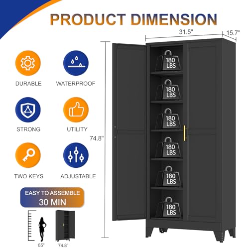 Metal Storage Cabinet with 2 Doors and 5 Adjustable Shelves - 75.2" Steel File Cabinet,Tool Cabinets for Office,Home,Garage,Gym,School (Black) - color: Black, size: 75.2H