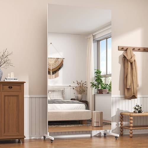 Hasipu 74.8" x 31.4" Full Length Floor Mirror on Wheels, White | Tempered glass, sturdy metal frame, smooth rolling casters, removable stand, ideal for gym, bedroom, dance studio & yoga. - color: White, size: 74.8"L x 31.4"W