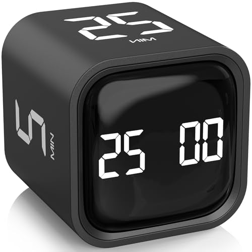 Rotating Pomodoro Timer 5, 25, 10 50 Minutes Preset, Desk Productivity Flip Timer, ADHD Tool Cube Countdown Stopwatch, Vibration/High/Low Volume/Custom Modes, for Work, Study, Back to School, Kitchen - color: Black