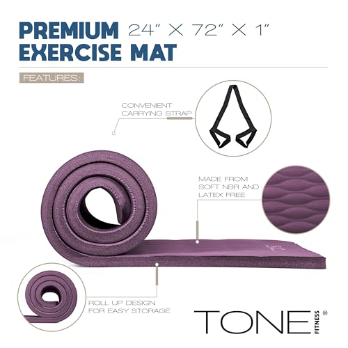 Tone Fitness 1-Inch Thick Yoga Mat | High-Density, Non-slip Exercise Mat with Carrying Strap for Yoga, Pilates, & Home Gym Workouts | Multiple Options - color: Purple, style: Mesh
