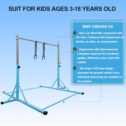 Gymnastics Bar for Kids Girls Ages 3-15 with Ring for Home Indoor Training Equipment- Steady Steel Construction, Anti-Slip, Easy to Assemble, 3' to 5' Adjustable Height - color: TEAL, size: 4.8FT, style: FOLDABLE BAR WITH RING
