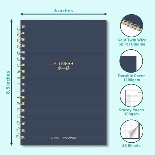Sweetzer & Orange Fitness Planner Notebook – 6" x 8.5" Workout Log Book & Fitness Journal – 129 Pages with Measurement Tracker, Weight Tracker, Workout Planner, Food Log, 30 Day Challenge & Notes – Gold Spiral