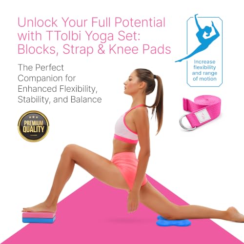 TTolbi Yoga Starter Kit - Yoga Blocks 2 Pack, Strap & 2 Knee Pad Cushions | Non-Slip EVA Foam Equipment for Stretching, Flexibility & Joint Comfort | Home Pilates Set for Beginners, Women & Men