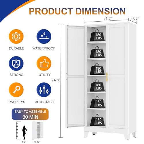 Metal Storage Cabinet with 2 Doors and 5 Adjustable Shelves - 74.8" Steel File Cabinet,Tool Cabinets for Office,Home,Garage,Gym,School (White) - color: White, size: 74.8H