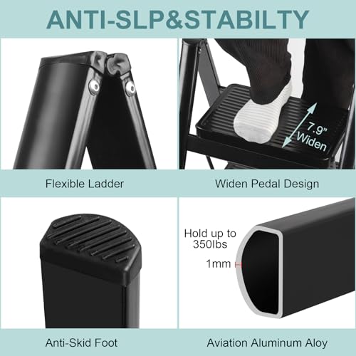2 Step Ladder, Uoisihur Folding Step Stool with Wide Pedals, 330lbs | Foldable black step stool for kitchen, closet, RV, pantry, and home reach, anti-slip wide pedals, 17 in W x 25 in H
