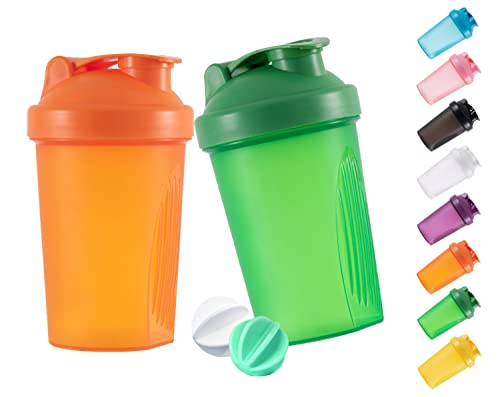 ANNAKIKI Shaker Bottle Protein Shakes and 13.5-OZ/400ml Shaker-Bottle with Whisk Balls,BPA-FREEE plastic (Orange+Green(2PCS))