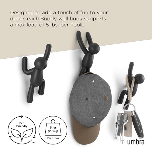 Umbra Buddy Wall Hooks, Decorative Wall Mount Coat Hooks, Set of 3, Black | Easy install with hardware, holds 5lbs per hook, entryway bedroom bathroom dorm, playful hanging storage, recycled plastic - color: Black