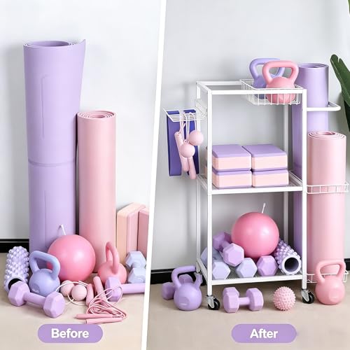 Workout Equipment Storage Rack Metal Yoga Mat Storage Rack, Weight Cart Home Gym Storage Rack with Wheels for Dumbbells, Yoga Mats, Kettlebells, Foam Rollers - color: White
