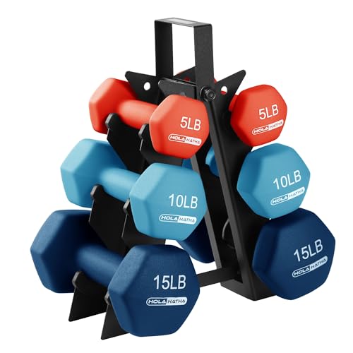 HolaHatha 1, 2 and 3 lb Neoprene Dumbbell Strength Training Weight Set with Rack - color: Blue/Red, size: 60 LB
