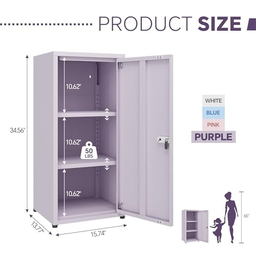 MIOCASA Metal Storage Cabinet with Lock, 3 Adjustable Shelves Single Door Steel Locker for Home, Office & Garage (Purple) - color: Purple