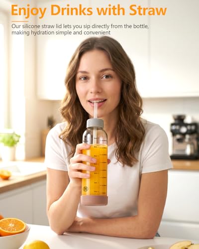Zukro Glass Juice Bottles with Stainless Steel Lids 18 oz, Airtight & Leak Proof, Non-Slip Bottom, Measured Markings, 6-Pack Reusable Clear Jars for Water, Juicing, Smoothie, Protein Shakes, BPA Free - size: 6 pack