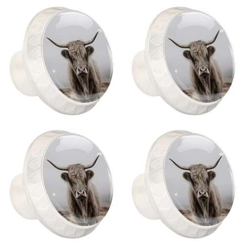 4 Pack White Cabinet Knobs, Highland Cow Drawer Handles for Cabinets, Dresser, Cupboard, Bathroom, Bedroom, Kitchen Hardware Closet Door Knob - color: Highland Cow