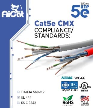 AiCat Cat5e Outdoor Ethernet Cable Direct Burial Unshielded Riser CMX Rated 500ft, UV Resistant 24AWG Solid Bare Copper, 350MHz, UL Listed, Twisted Pair UTP, Waterproof, Bulk Ethernet Cable – White - color: White, size: 500ft, style: Cat5e
