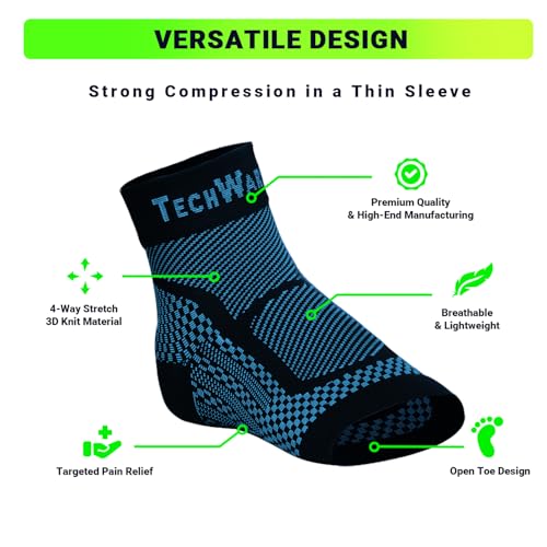 TechWare Pro Ankle Brace Compression Sleeve - Plantar Fasciitis Sock. Relieves Achilles Tendonitis. Foot Arch Support Reduces Joint Pain, Swelling & Heel Spur Pain. Injury Recovery Braces for Sports - color: Black / Blue, size: S / M (see size chart)