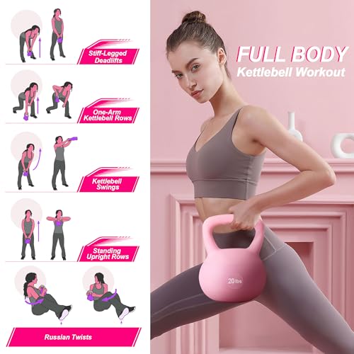 soges PVC One-Piece Kettlebell with Wide Handles, Strength Training Kettlebells 5lb to 35lb Optional for Women of Different Levels, Iron Sand Filled Soft Kettlebell - color: 20lbs - Pink