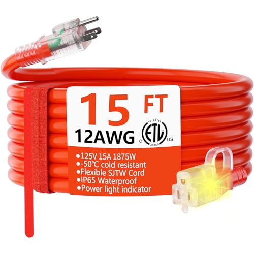 HUANCHAIN 12/3 Gauge Heavy Duty Outdoor Extension Cord 15 ft Waterproof with Lighted end, Flexible Cold-Resistant 3 Prong Electric Cord Outside, 15Amp 1875W 12AWG SJTW, Orange, ETL - color: Orange, size: 15FT