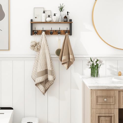 Homode Wall Hooks with Shelf, Wood Coat Rack with Shelf Wall-Mounted, Entryway Hanging Shelves with 5 Metal Hooks for Clothes Hats Towel Purse Robes, Bathroom Mudroom Bedroom, Rustic Brown Black - color: Rustic Brown, size: 17.1 Inch Long