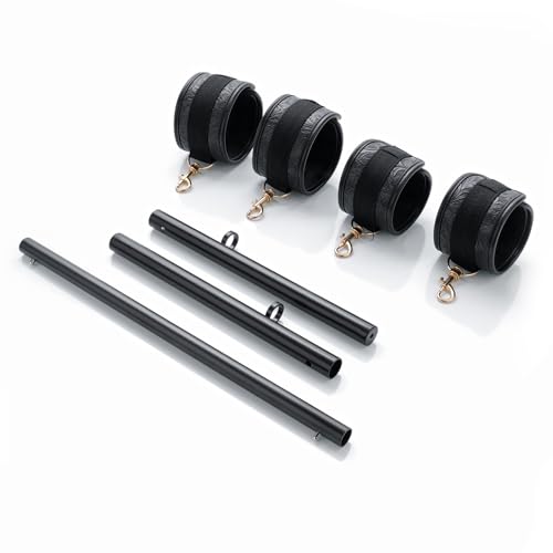 Spreader Bar Heavy Duty Stainless Steel Expandable Silver Bar Home Gym with 4pcs Furry Purple Adjustable Straps,Sports Aid Training Fitness Gear Pilates Aid Kit - style: Black+PU Embossed Black